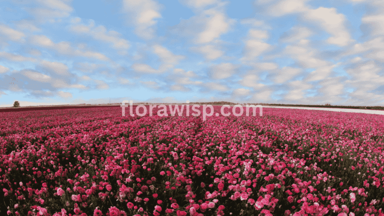 Red ranunculus flowers blooming in a field, grown from healthy ranunculus corms in spring garden
