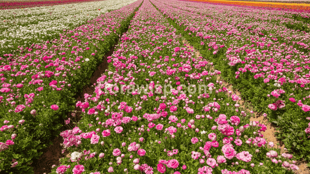 Vibrant ranunculus flowers blooming across a wide field, thriving in an ideal ranunculus growing zone with full sun and well-drained soil.