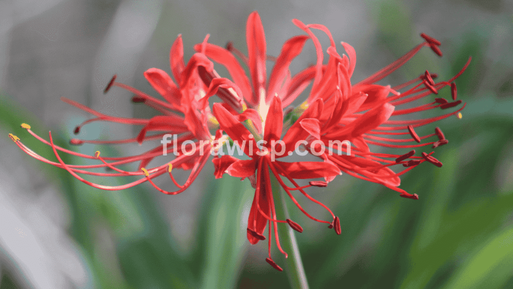 red spider lily bulbs blooming with striking spidery red petals in a garden setting