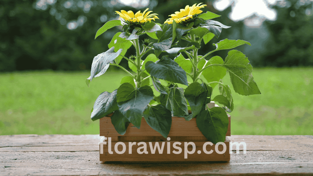 Sunflower in pot placed on a sunny balcony, thriving in a ceramic container with rich soil and full sun exposure