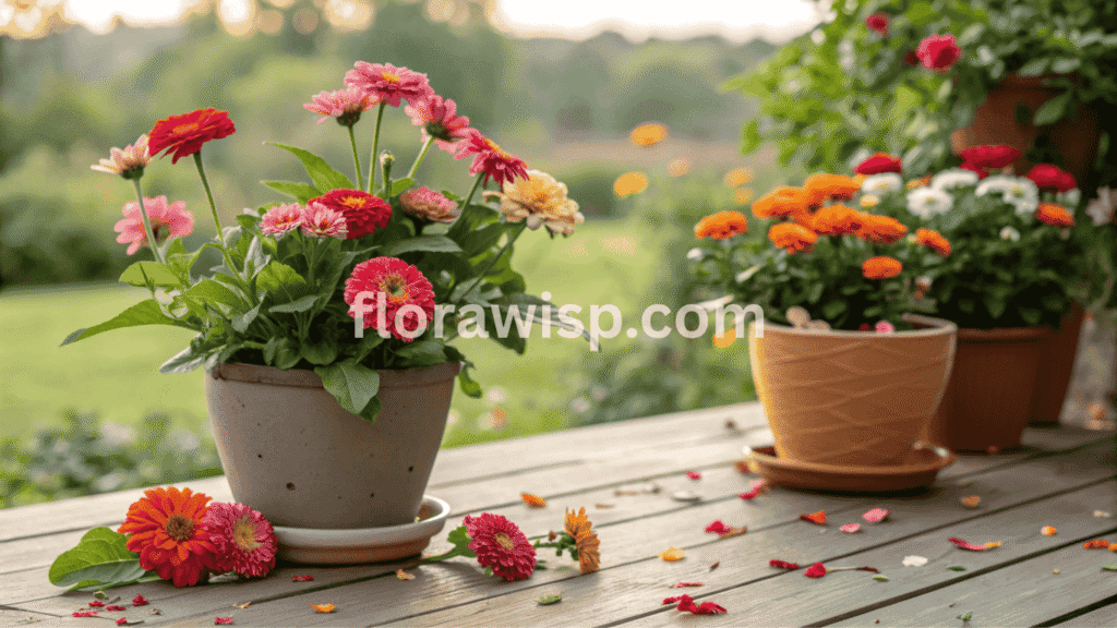 Thumbelina zinnia flowers in pots showcasing compact growth, vibrant mixed colors, and ideal container gardening appeal for small spaces and kids’ gardens.