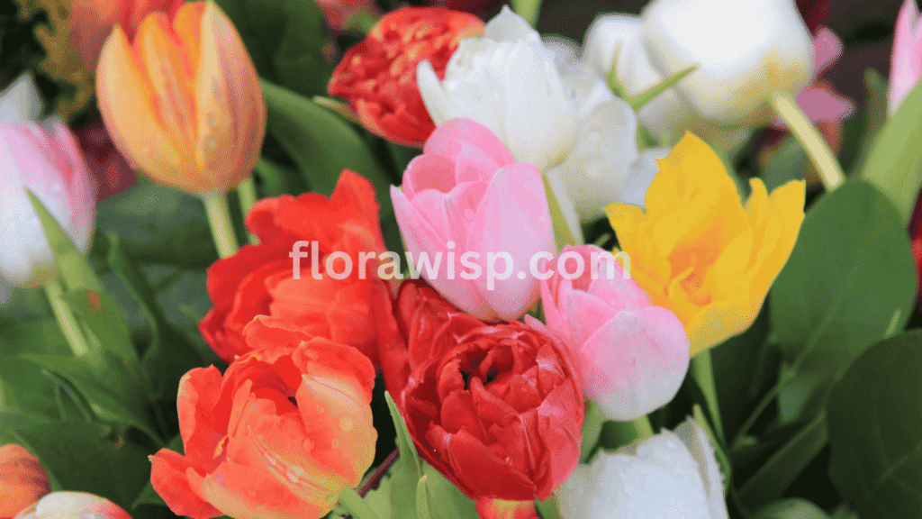 tulip bouquet arrangement in vibrant spring colors with roses and eucalyptus on a wooden table