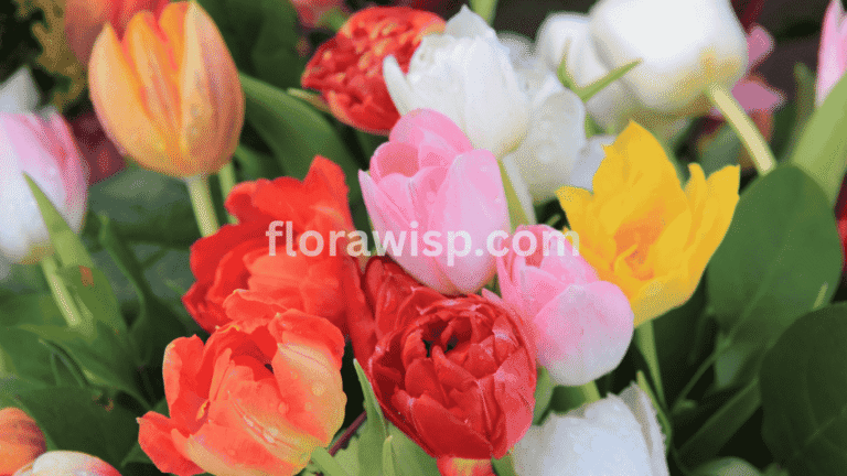 tulip bouquet arrangement in vibrant spring colors with roses and eucalyptus on a wooden table