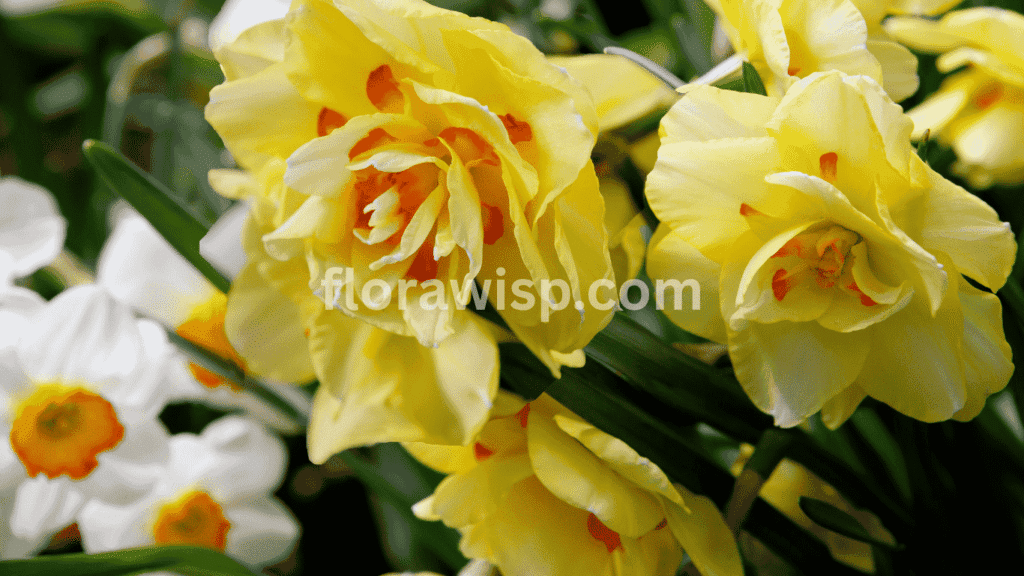 Types of daffodils featuring white and yellow blooms in a spring garden