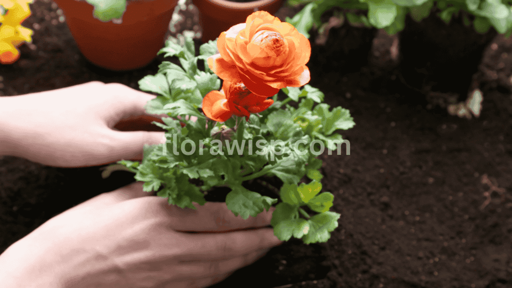 When to plant ranunculus – a man planting ranunculus corms in a well-prepared garden bed during early fall for optimal spring blooms