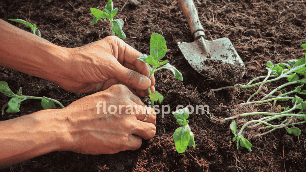 Man planting sunflower seedling grown from white sunflower seeds in a garden bed