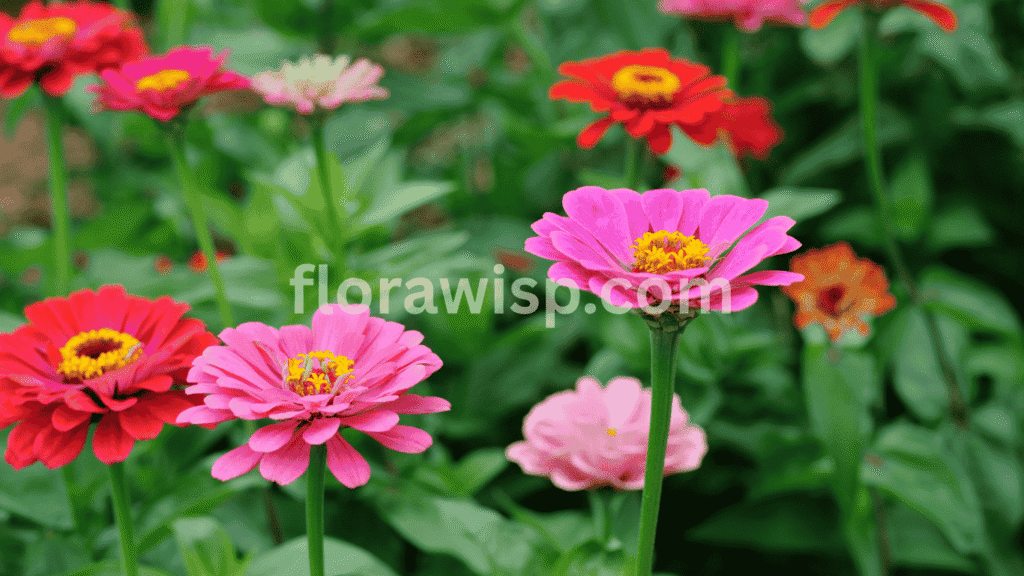 Zinnia California Giants blooming in a vibrant summer garden, showcasing tall heirloom flowers with bold colors and cactus-style petals.