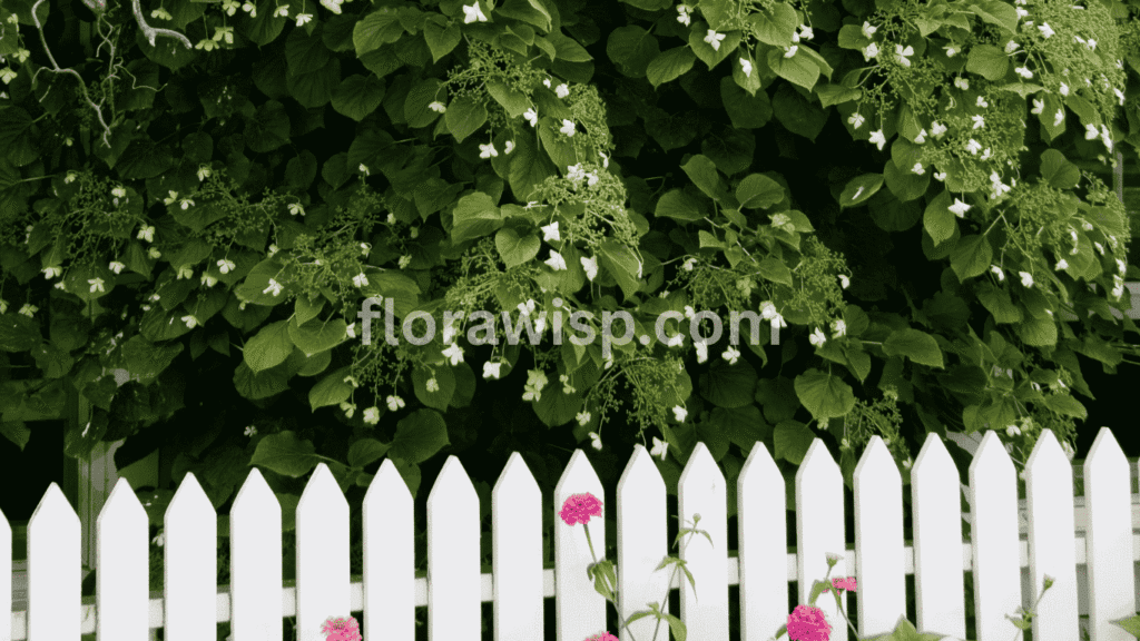 Climbing hydrangea vines with white lacecap blooms growing along a shaded brick wall, perfect for vertical garden design.

