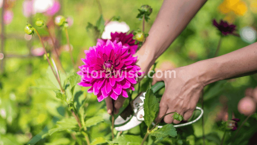 dahlia flower care hand pruning dahlia plant to encourage healthy growth and abundant blooms
