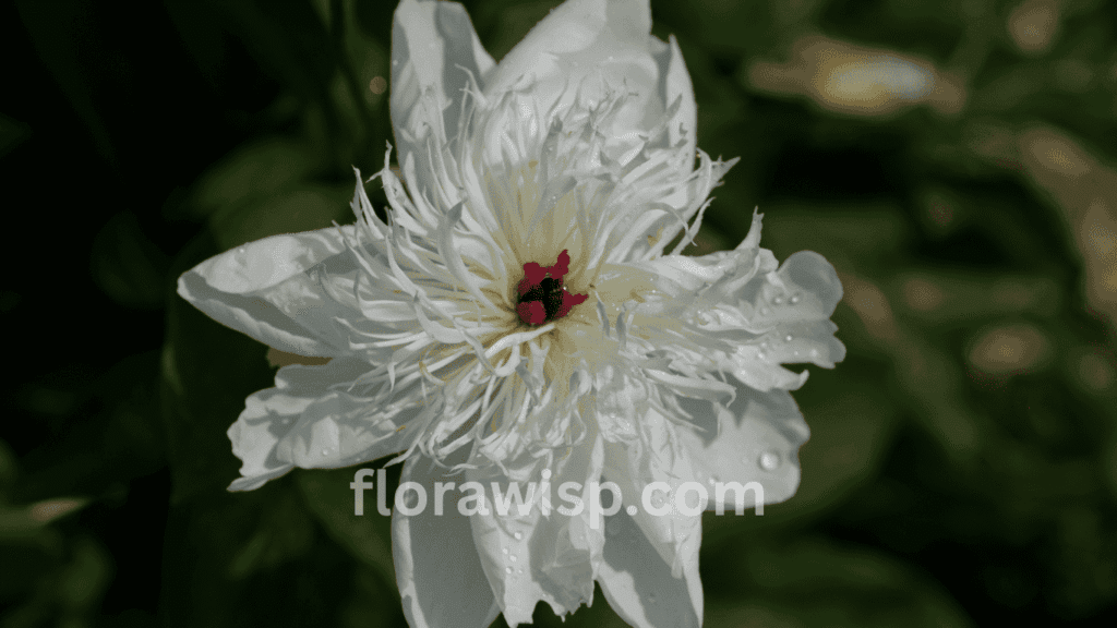 Duchesse de Nemours peony with creamy-white ruffled petals and a soft yellow center, flourishing in a sunny garden