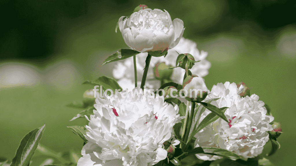 Festiva Maxima peony with large white blooms accented by crimson flecks, growing in a sunny garden