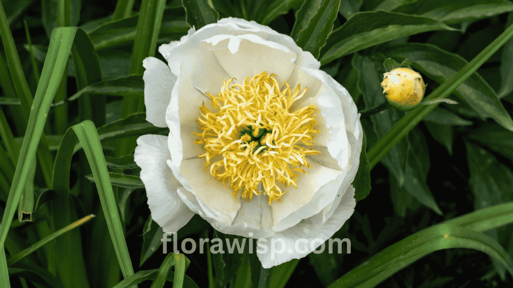 Lotus Queen peony with pure white petals and golden-yellow center, blooming gracefully in a spring garden