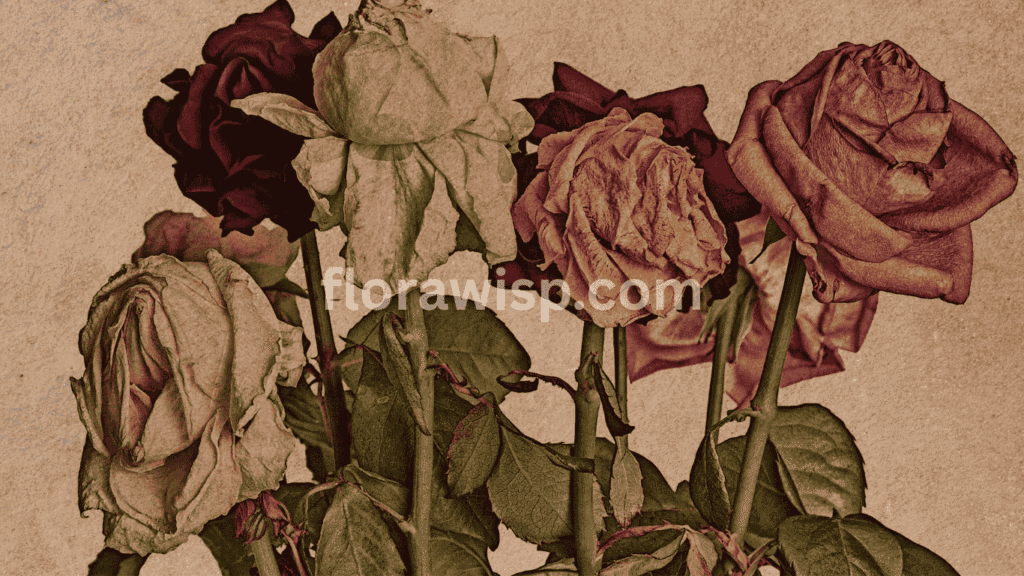 Wilted peonies with drooping petals and limp stems, illustrating common peonies problems caused by heat stress, lack of water, or disease.


