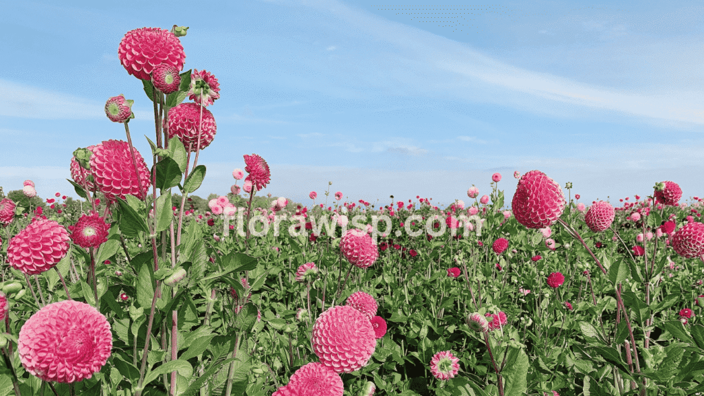 pompon dahlia flowers with perfectly round blooms in shades of pink and yellow, thriving in a summer garden