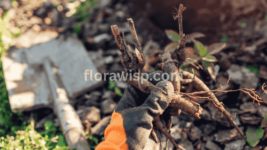 Bare root peony held in hand just before planting, showing healthy buds and roots ready for garden soil ideal example for planting bare root peonies in fall.

