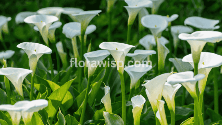 Calla lily flowers blooming in a garden bed with lush green foliage