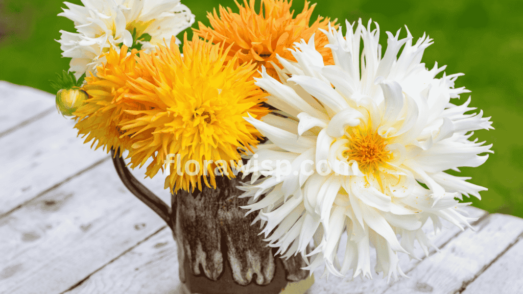 dahlia flower bouquet arranged with vibrant pink, yellow, and white dahlias, perfect for weddings and home decoration