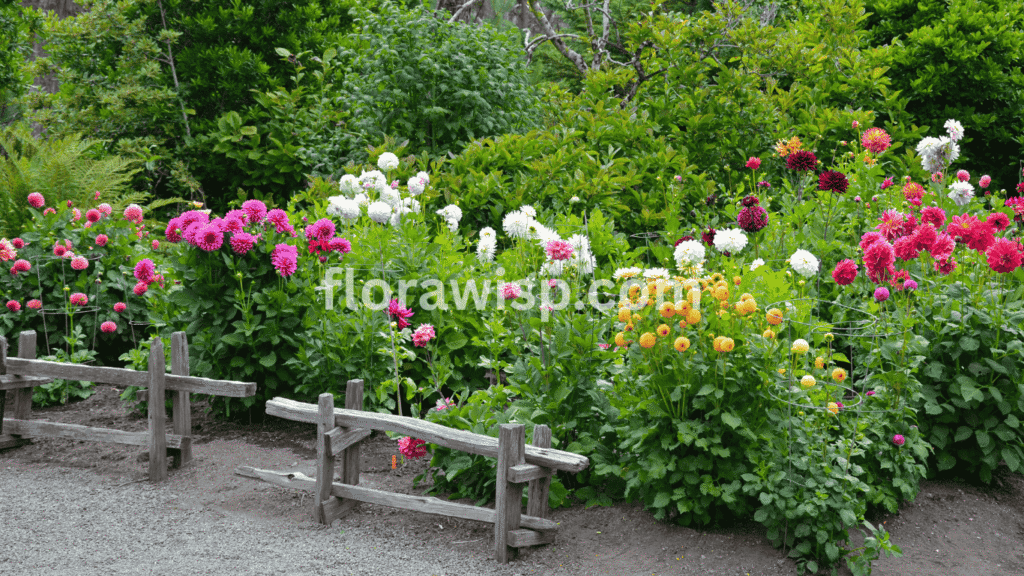 dahlia flowers colorful dahlias blooming along a garden fence with lush green leaves and vibrant petals