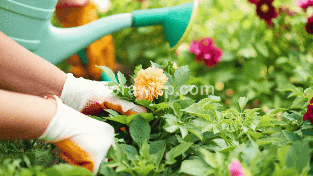 Hand watering dahlias for healthy growth and proper dahlias care in a sunlit garden