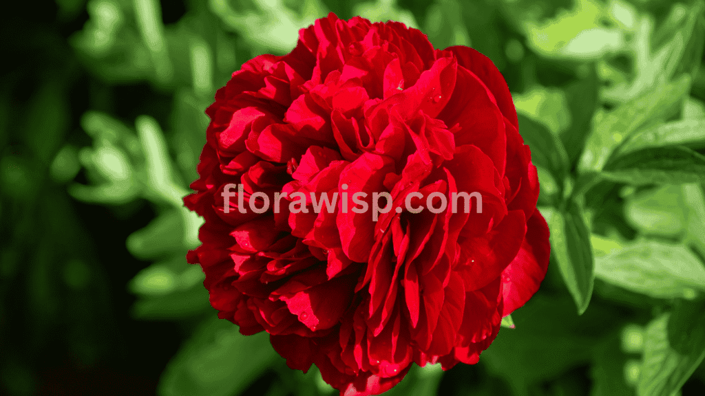 Vibrant double red peony in full bloom with lush layered petals, captured in a sunny garden setting