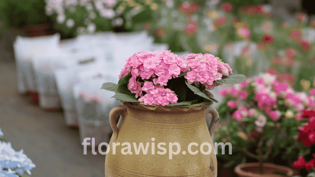 Endless Summer hydrangea in pots with lush blue blooms and green foliage, thriving on a sunny patio for vibrant seasonal container gardening.

