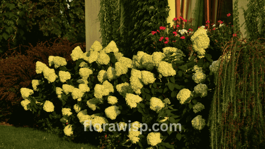 Lush garden landscape featuring blooming limelight hydrangea shrubs with lime-green and soft pink cone-shaped flowers.