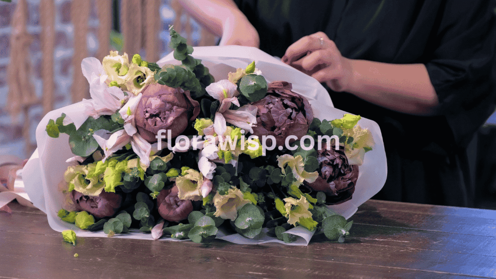 Making peony bouquet step by step with fresh garden peonies arranged into a DIY floral design for weddings, gifts, and home decoration