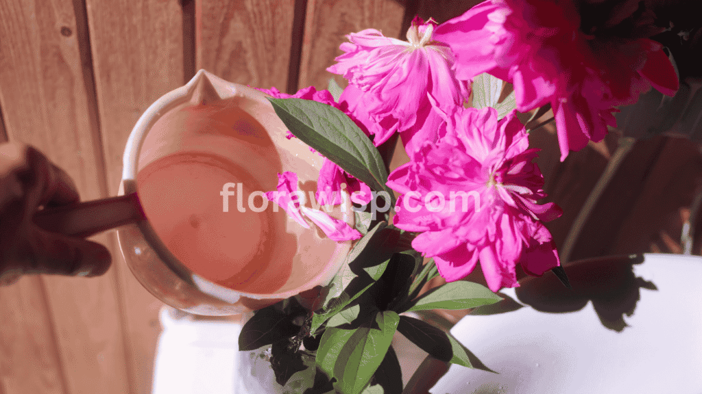 Peonies care with gardener watering peony plants using a watering can in a sunny flower bed.
 