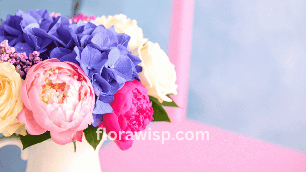 Peony and hydrangea bouquet with soft pastel blooms, combining lush peonies and elegant hydrangeas for weddings, events, and home décor