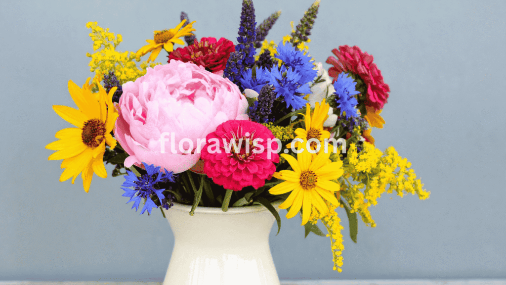 Peony and sunflower bouquet featuring bright sunflowers paired with lush peonies, perfect for rustic weddings, summer celebrations, and cheerful home décor