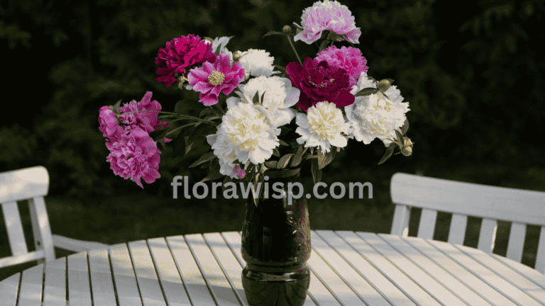 Elegant peony bouquet in a glass vase, showcasing fresh pink and white blooms for home décor or gifting