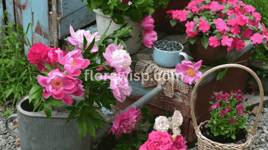 Peony flower pot with blooming pink peonies and lush green leaves placed on a sunny patio.
 
