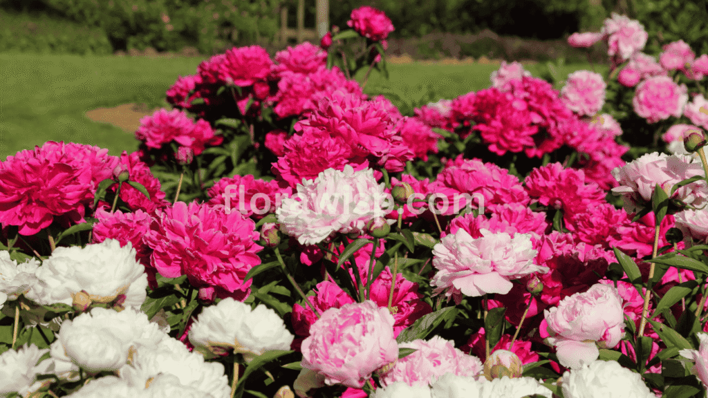 Blooming pink and white peony flower in full sunlight, showcasing layered petals and vibrant garden colors.