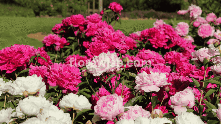 Blooming pink and white peony flower in full sunlight, showcasing layered petals and vibrant garden colors.