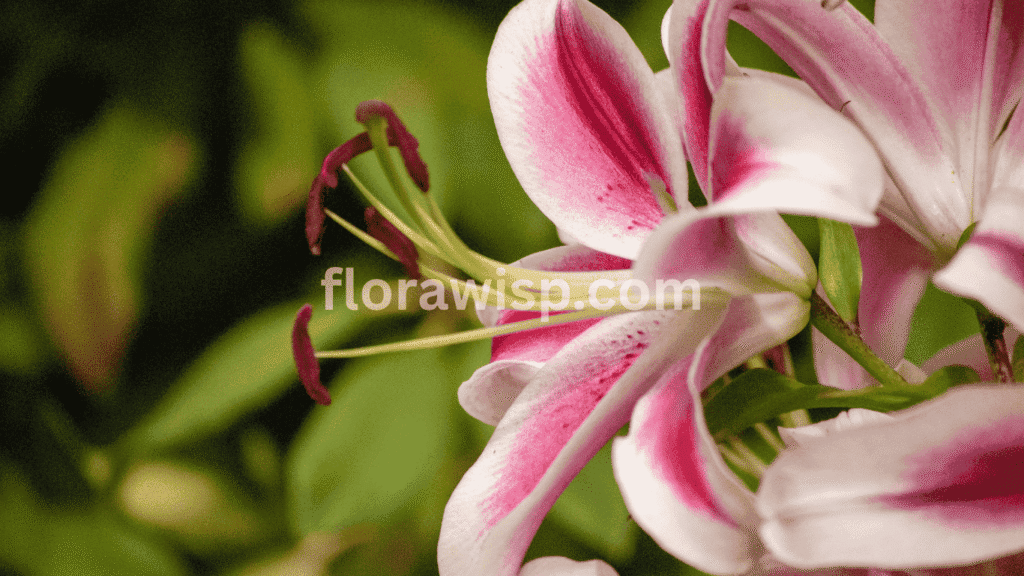 Pink and white lilies blooming together in a garden bed, showcasing soft pastel hues and graceful petal shapes.