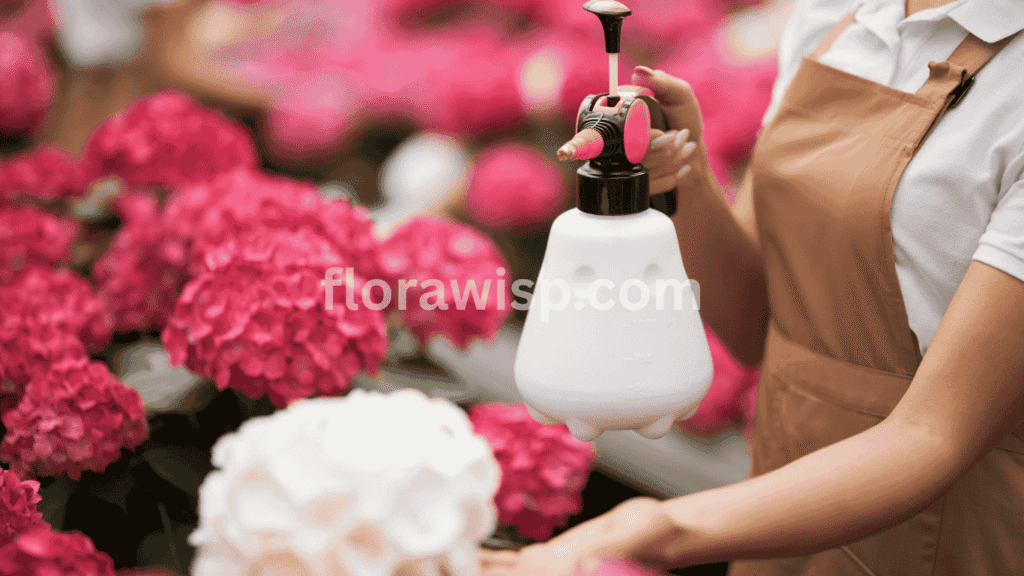 Gardener spraying pink hydrangea with organic solution as part of pink hydrangea care routine to prevent pests and disease


