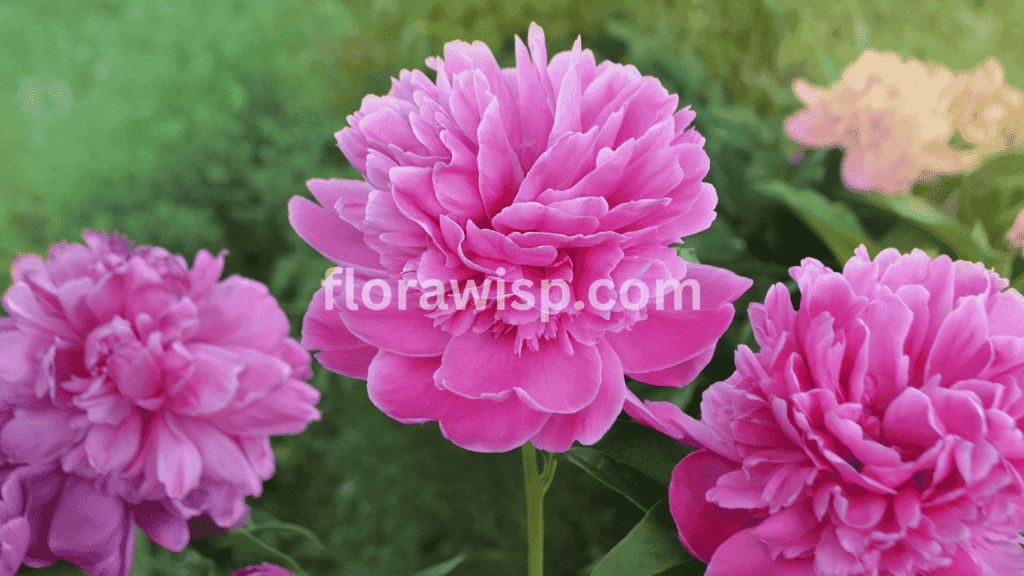 Pink peonies flowers in full bloom with lush layered petals and vibrant green leaves in a sunny garden.
 