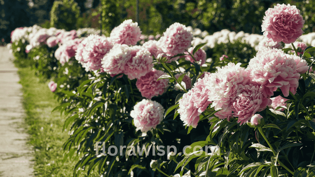 Pink peony shrub in full sunlight, symbolizing care and nurturing for vibrant, healthy blooms