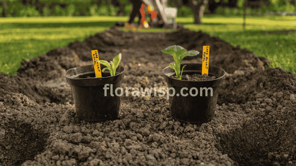 Planting dahlia tubers in pots a garden pot filled with soil and a dahlia tuber placed inside, ready to grow.