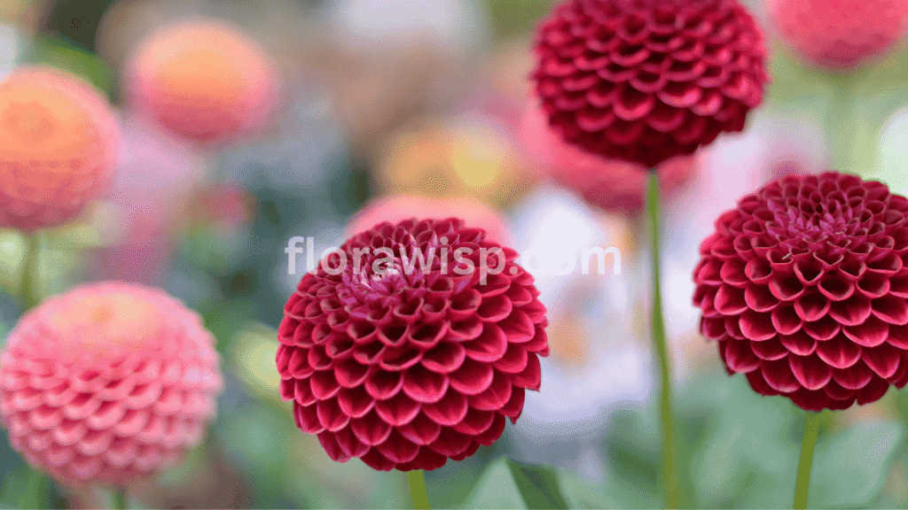 Red Button Dahlias with compact round blooms in full garden display