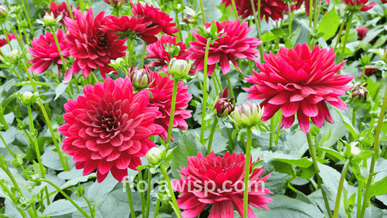 Red dahlias blooming in the garden with vibrant petals
