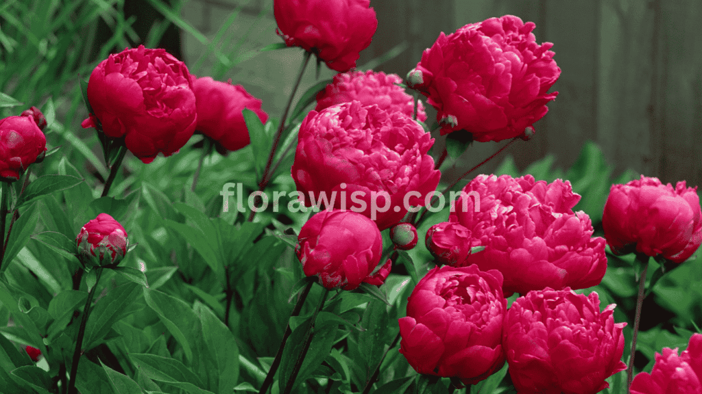 Red peony flower in full bloom with velvety petals and rich green leaves in a summer garden.

