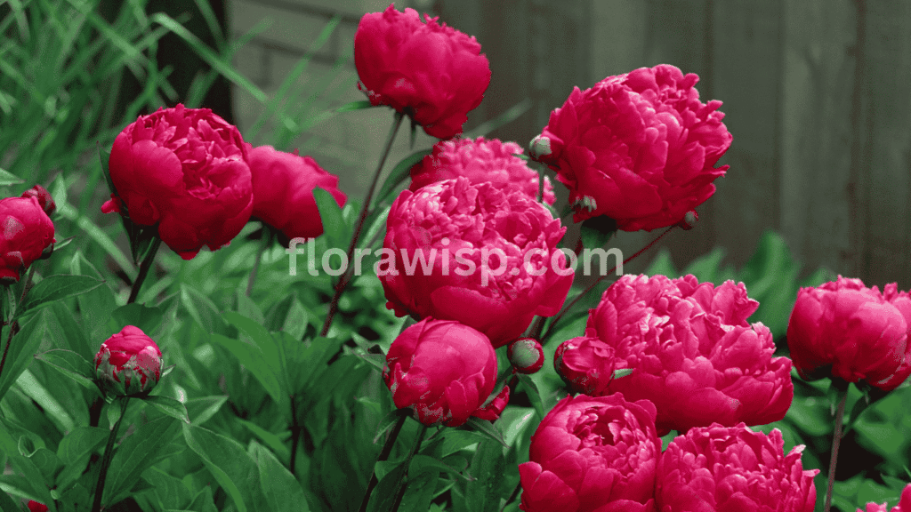 Vibrant red peony in full bloom with lush green foliage in a summer garden