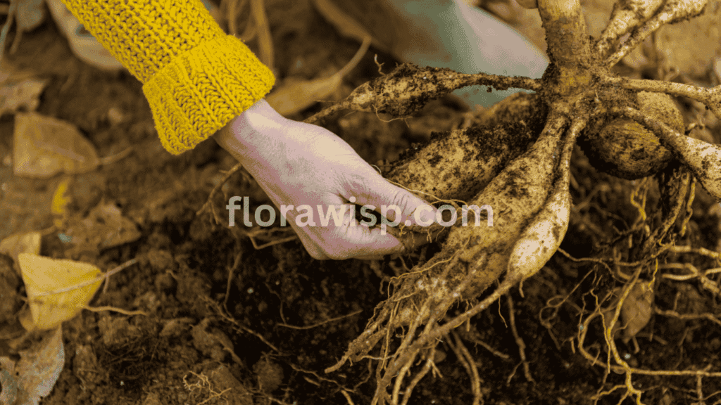 Sprouting dahlia tubers a woman digging tubers out of the soil to store them for next season.