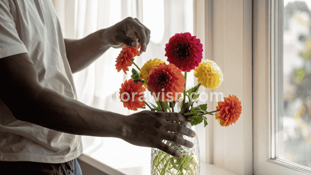 Starting dahlia tubers indoors sprouting dahlia flower placed in small vase under indoor light.
