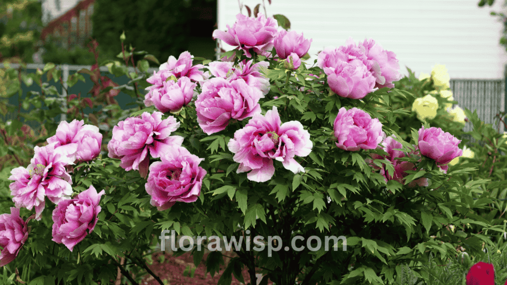 Tree peony in full spring bloom with large pink flowers in a sunny garden