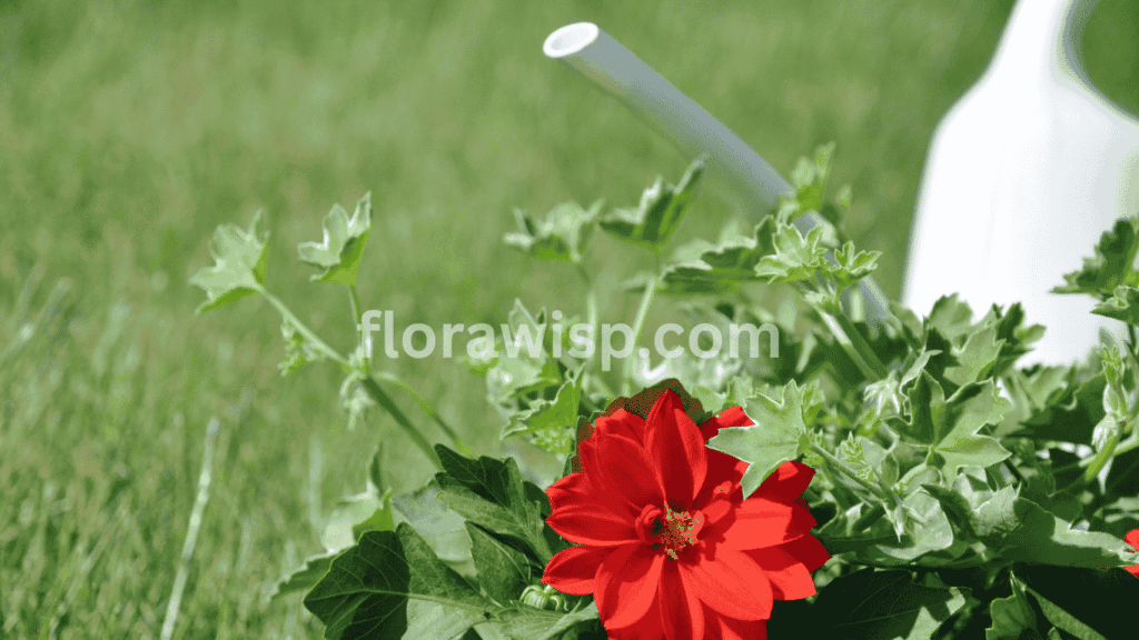 Watering dahlia flower a fresh dahlia plant beside a watering can in the garden.