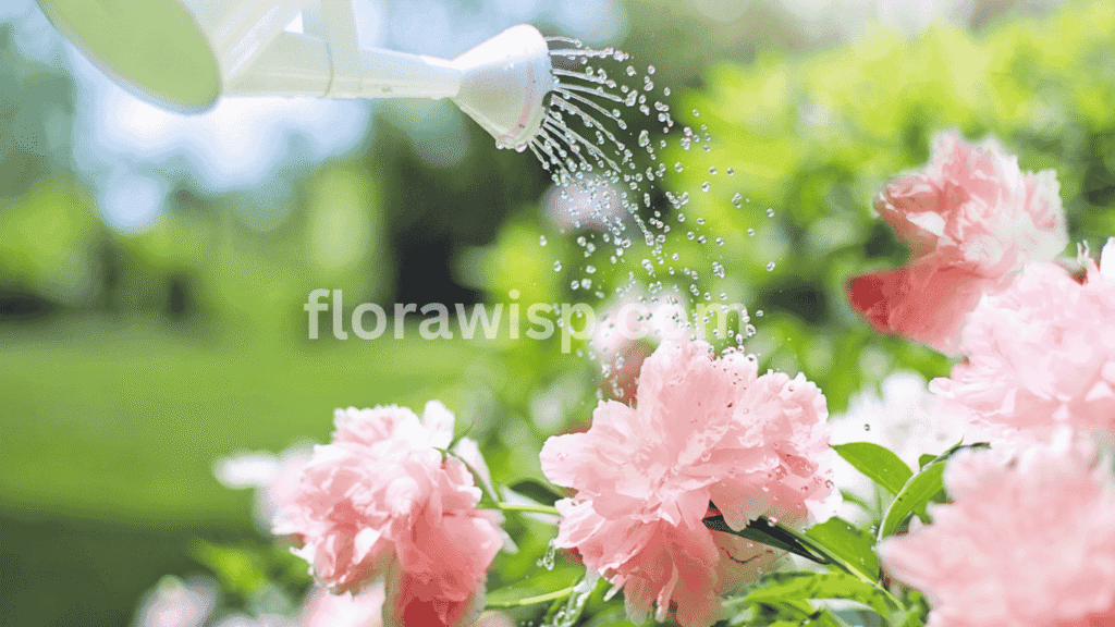 Gardener gently watering pink peonies in full bloom, symbolizing care and nurturing for healthy, vibrant flowers