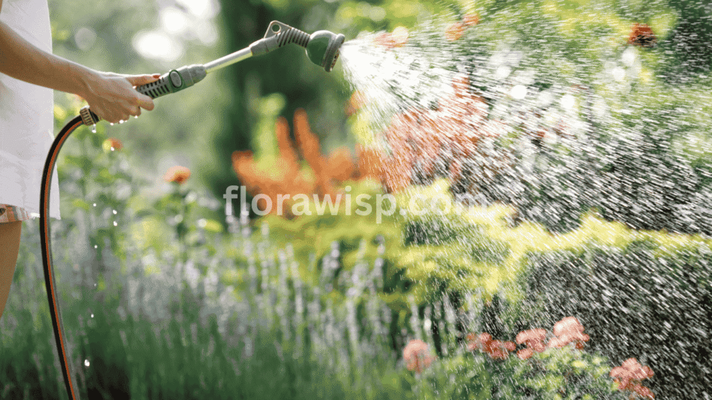 Gardener gently watering a white lily garden in full bloom, with droplets glistening on the petals under morning sunlight.