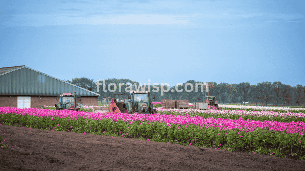 Field showing when to plant dahlias with one side freshly prepared soil and the other side full of blooming dahlias gardening tips for optimal planting time